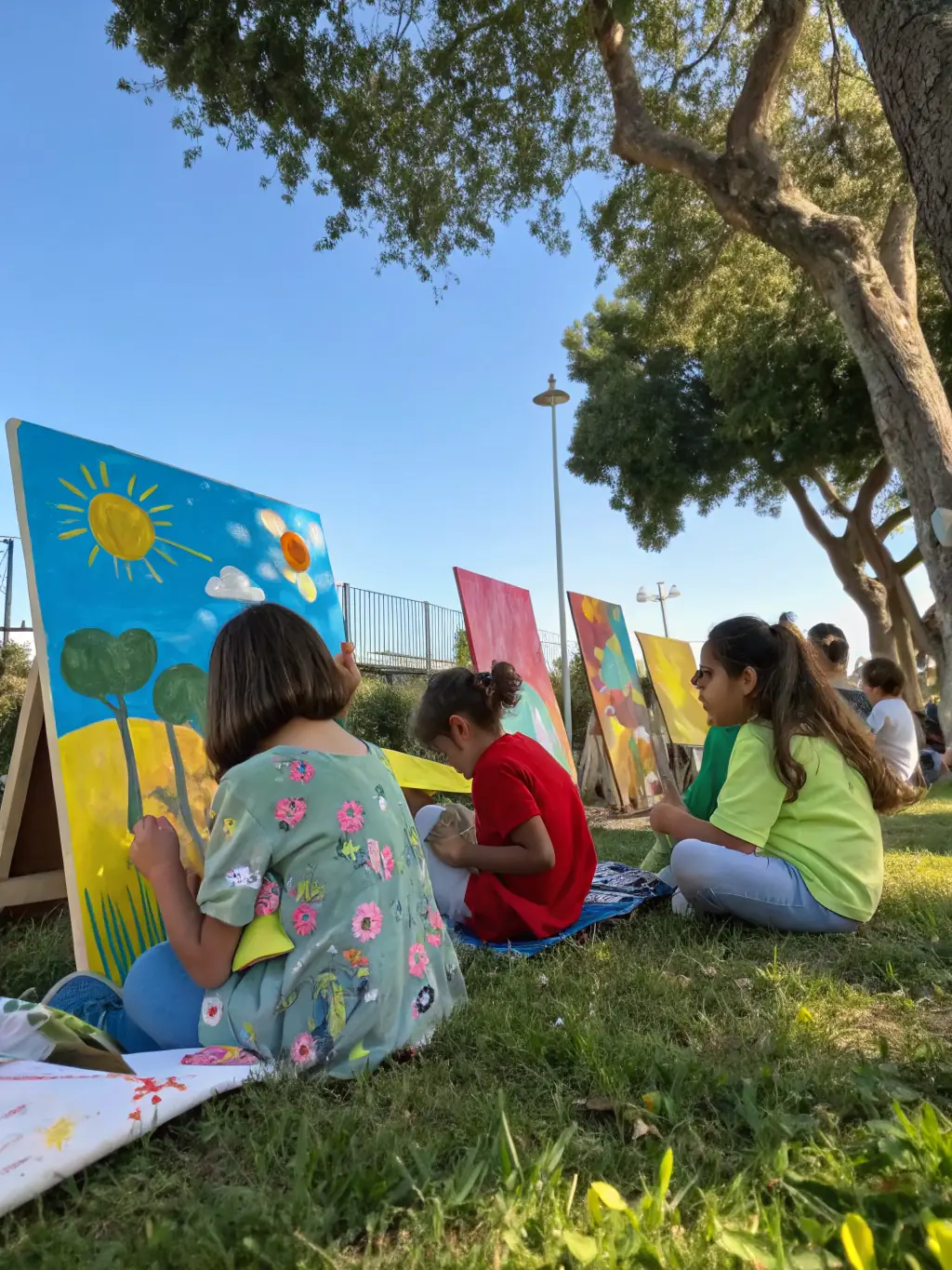 A lively outdoor painting workshop in the gardens of Château La Grand’Cour, with children and adults painting together under colorful tents, surrounded by blooming flowers.