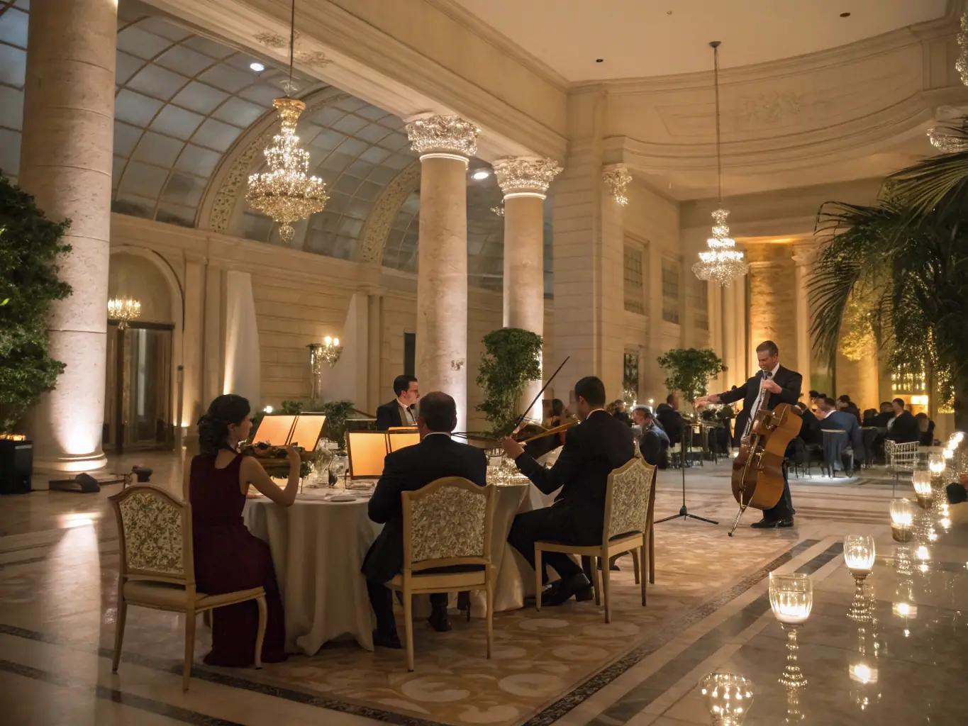 A candlelit evening concert inside the château’s historic hall, with a string quartet performing, audience members of all ages seated attentively, and stone walls adorned with local historical exhibits.