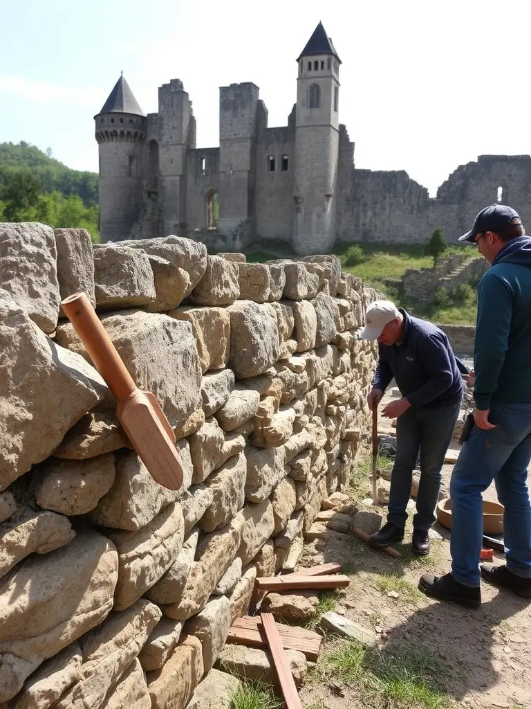 A group of volunteers restoring an old stone wall near the château, working with traditional tools and guided by a local historian, with the château visible in the background.