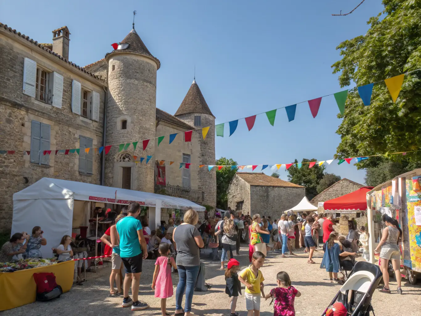 A vibrant outdoor summer festival at Château La Grand’Cour, with families, artists, and musicians gathered under colorful banners, children playing, and local artisans displaying their crafts in the castle courtyard.