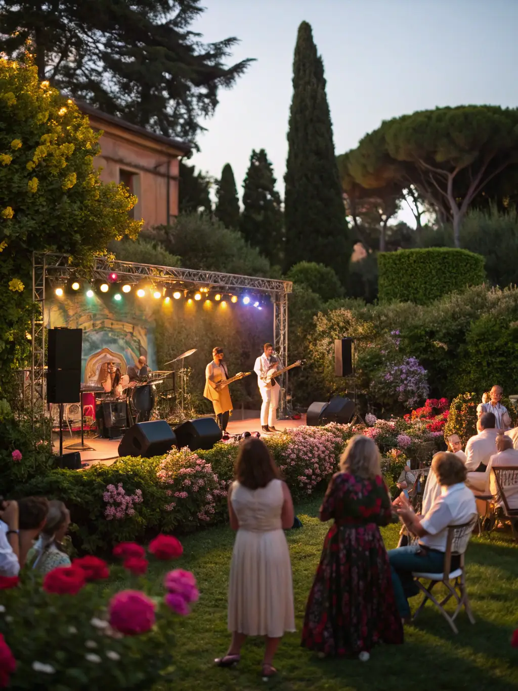 A festive evening concert in the château courtyard, with local musicians performing on a small stage, fairy lights overhead, and an audience of families and seniors enjoying the music.