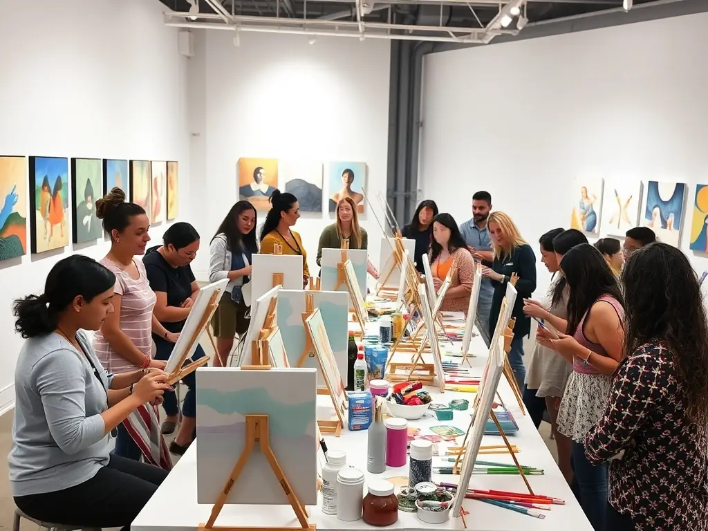 A group of children and seniors painting together in a sunlit workshop room, surrounded by easels, brushes, and historical photographs of Mornay-Berry, highlighting intergenerational exchange and artistic collaboration.
