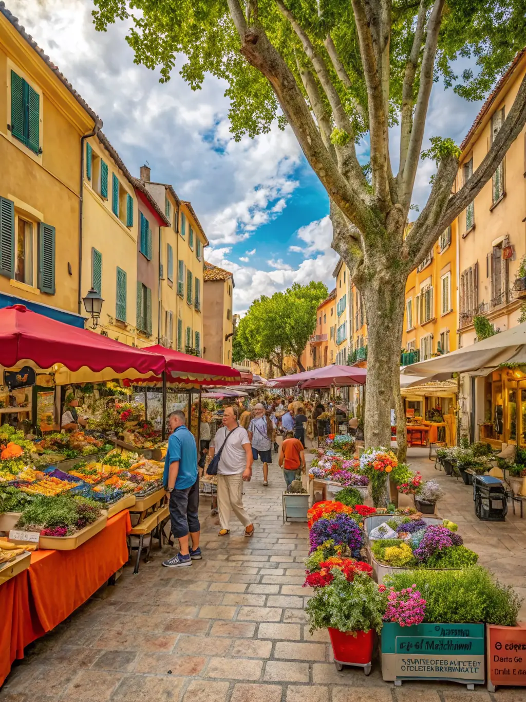 A bustling local market on the château grounds, with stalls selling regional produce, handmade crafts, and informational booths about upcoming cultural events.
